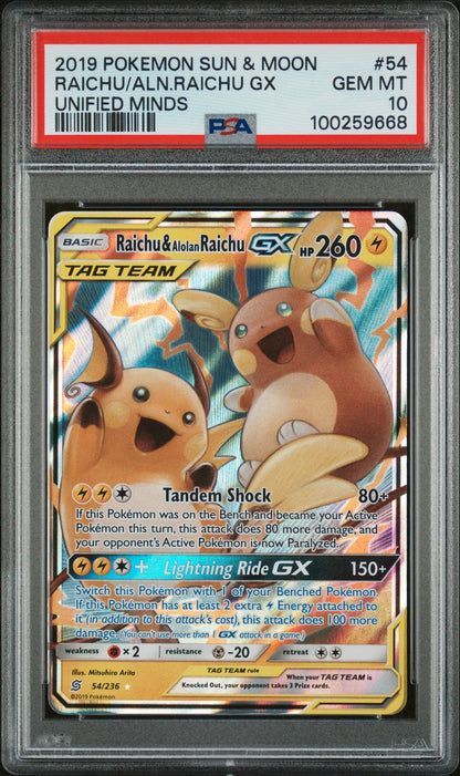 PSA GEM MINT 10 - 2019 POKEMON SUN & MOON UNIFIED MINDS RAICHU/ALN.RAICHU GX #54