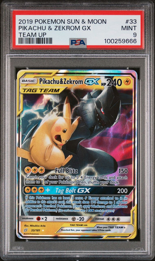 PSA MINT 9 - 2019 POKEMON SUN & MOON TEAM UP PIKACHU & ZEKROM GX #33