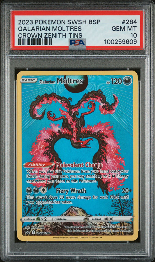 PSA GEM MINT 10 - 2023 POKEMON SWSH BLACK STAR PROMO CROWN ZENITH TINS GALARIAN MOLTRES #284