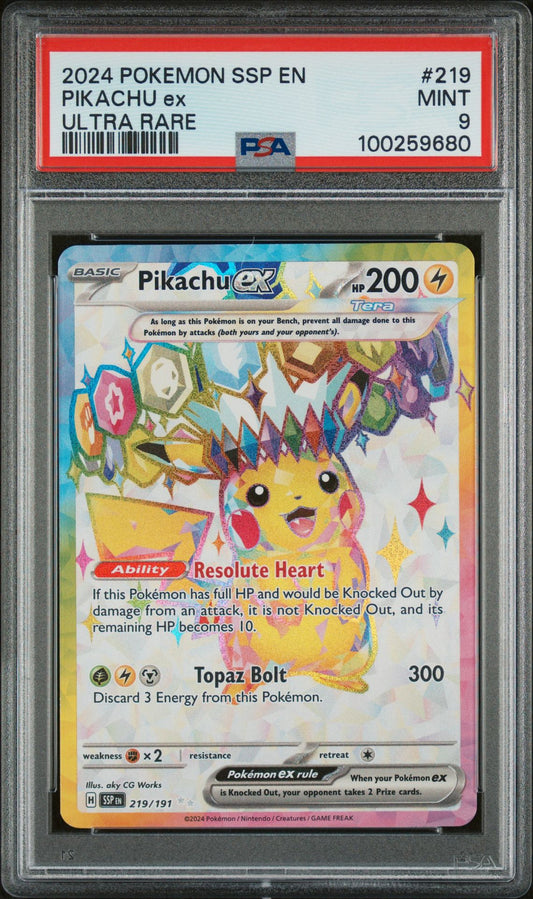 PSA MINT 9 - 2024 POKEMON SSP EN-SURGING SPARKS ULTRA RARE PIKACHU ex #219