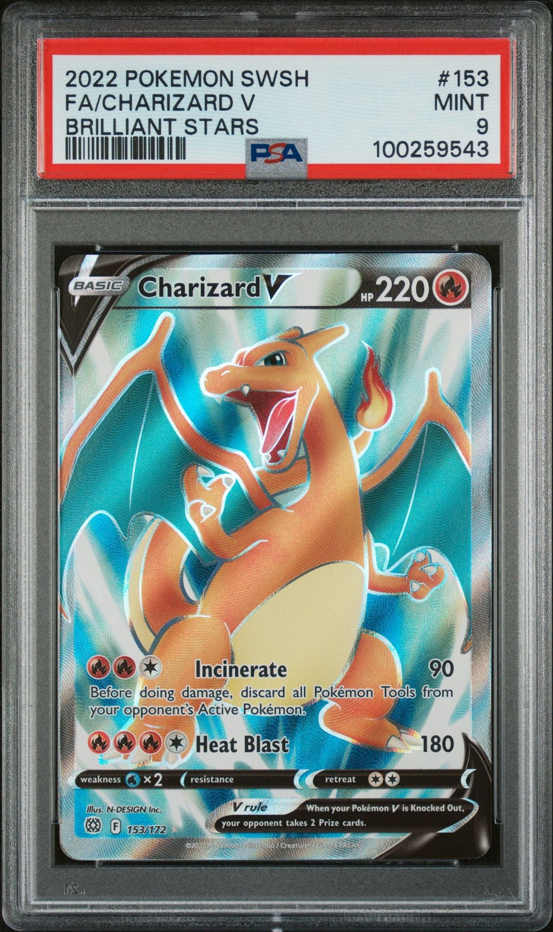 PSA MINT 9 - 2022 POKEMON SWORD & SHIELD BRILLIANT STARS FA/CHARIZARD V #153