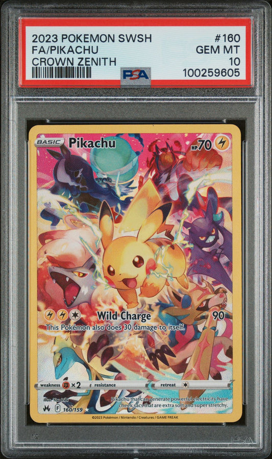 PSA GEM MINT 10 - 2023 POKEMON SWORD AND SHIELD CROWN ZENITH FA/PIKACHU #160