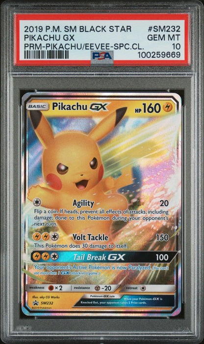 PSA GEM MINT 10 - 2019 POKEMON SM BLACK STAR PROMO PRM-PIKACHU/EEVEE-SPC.CL.PIKACHU GX #SM232