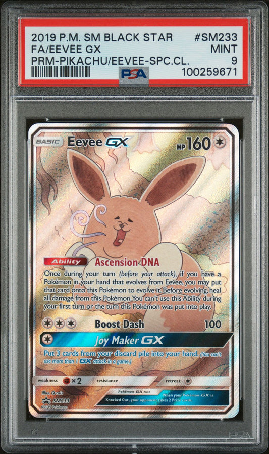 PSA MINT 9 - 2019 POKEMON SM BLACK STAR PROMO PRM-PIKACHU/EEVEE-SPC.CL.FA/EEVEE GX #SM233