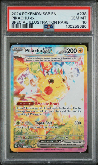 PSA GEM MINT 10 - 2024 POKEMON SSP EN-SURGING SPARKS SPECIAL ILLUSTRATION RARE PIKACHU ex #238