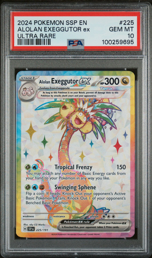 PSA GEM MINT 10 - 2024 POKEMON SSP EN-SURGING SPARKS ULTRA RARE ALOLAN EXEGGUTOR ex #225