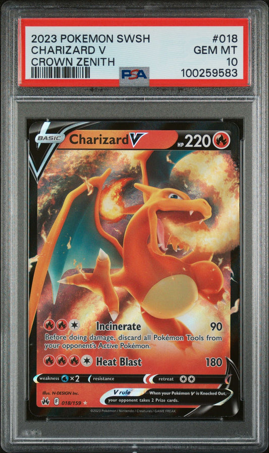 PSA GEM MINT 10 - 2023 POKEMON SWORD AND SHIELD CROWN ZENITH CHARIZARD V #018