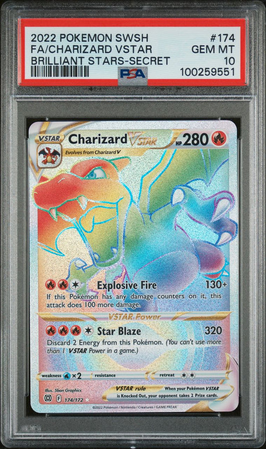 PSA GEM MINT 10 - 2022 POKEMON SWORD & SHIELD BRILLIANT STARS BRILLIANT STARS-SECRET FA/CHARIZARD V STAR #174