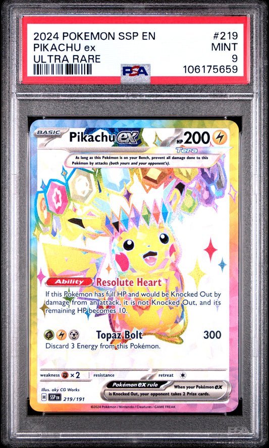 PSA MINT 9 - 2024 POKEMON SSP EN-SURGING SPARKS #219 PIKACHU ex ULTRA RARE