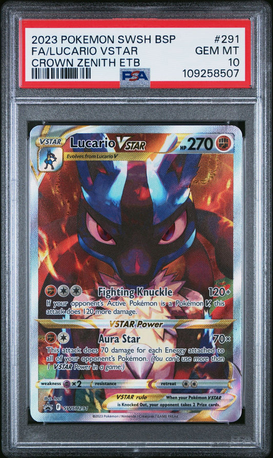 PSA GEM MINT 10 - 2023 POKEMON SWSH BLACK STAR PROMO 291 FULL ART/LUCARIO VSTAR CROWN ZENITH ELITE TRAINER BOX