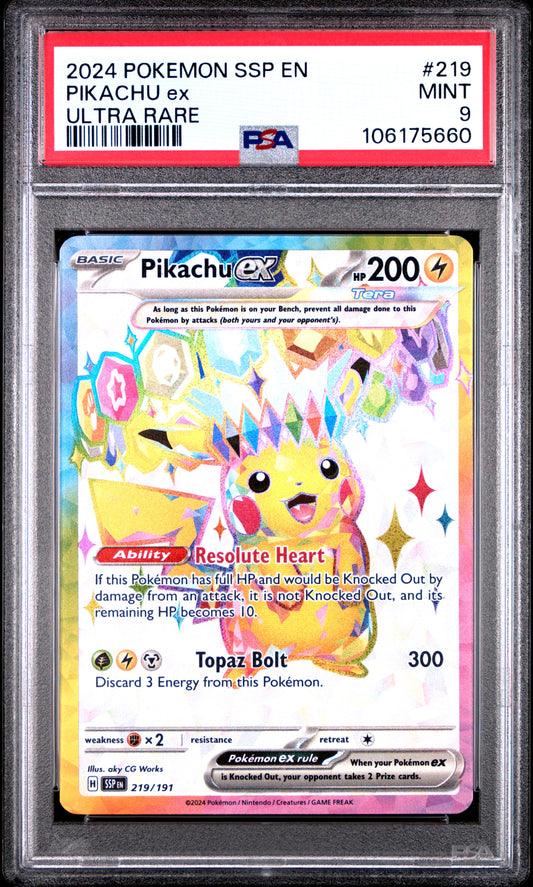 PSA MINT 9 - 2024 POKEMON SSP EN-SURGING SPARKS #219 PIKACHU ex ULTRA RARE