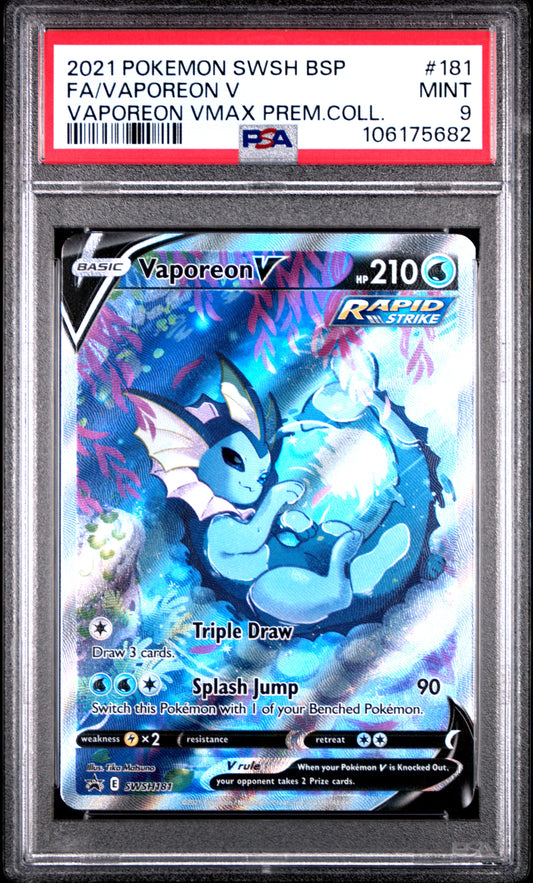 PSA MINT 9 - 2021 POKEMON SWSH BLACK STAR PROMO #181 FA/VAPOREON V VAPOREON VMAX PREM.COLL.