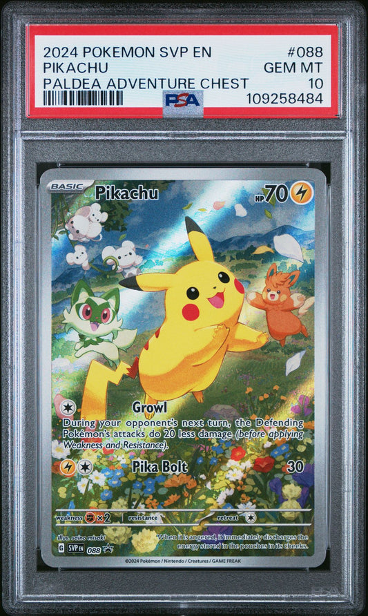 PSA GEM MINT 10 - 2024 POKEMON SVP EN-SV BLACK STAR PROMO 088 PIKACHU PALDEA ADVENTURE CHEST