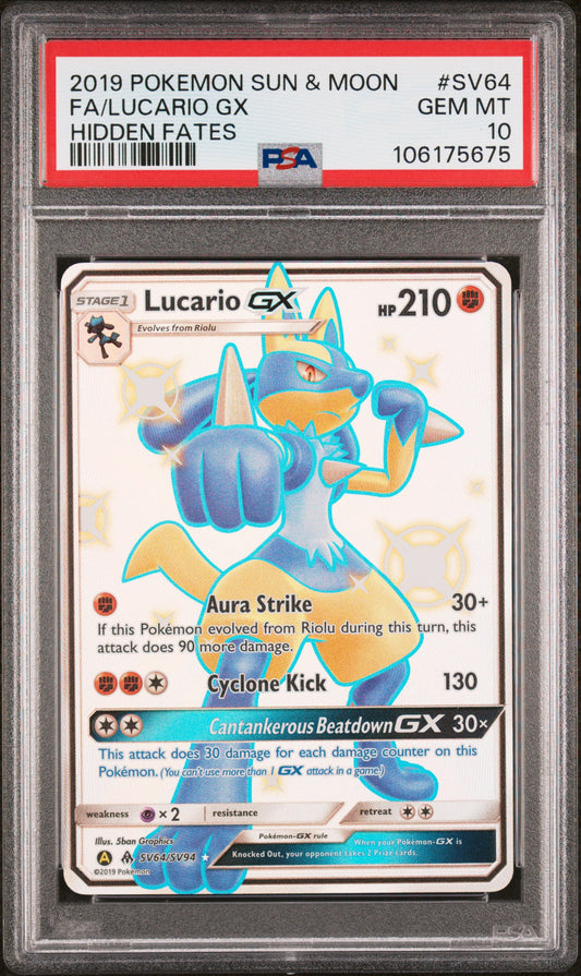 PSA GEM MINT 10 - 2019 POKEMON SUN & MOON HIDDEN FATES #SV64 FA/LUCARIO GX HIDDEN FATES