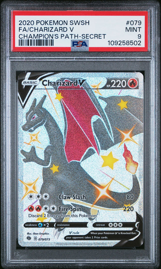 PSA MINT 9 - 2020 POKEMON SWORD & SHIELD CHAMPION'S PATH 079 FULL ART/CHARIZARD V SECRET