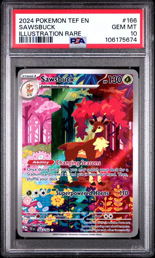 PSA GEM MINT 10 - 2024 POKEMON TEF EN-TEMPORAL FORCES #166 SAWSBUCK ILLUSTRATION RARE