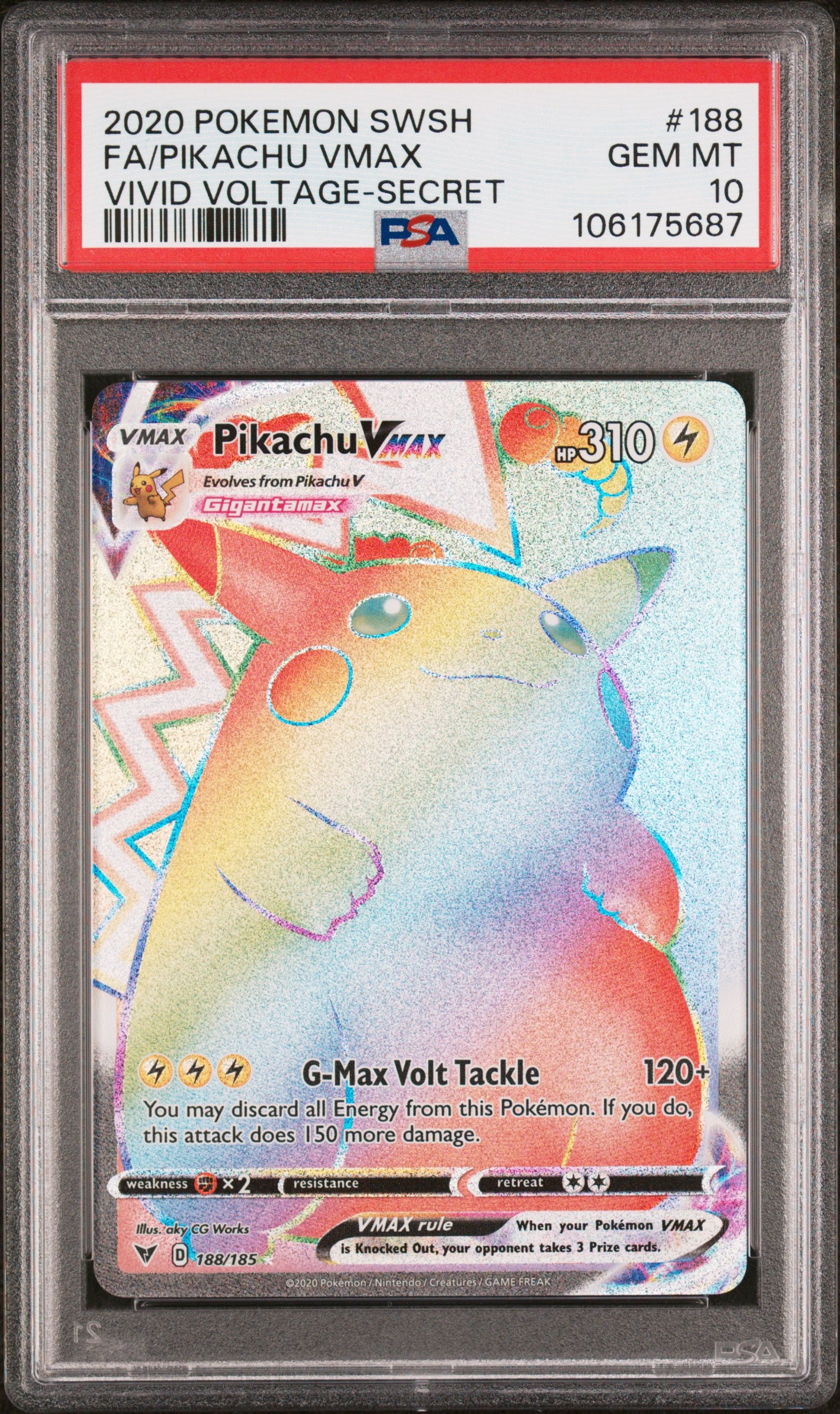 PSA GEM MINT 10 - 2020 POKEMON SWORD & SHIELD VIVID VOLTAGE #188 FA/PIKACHU VMAX VIVID VOLTAGE-SECRET
