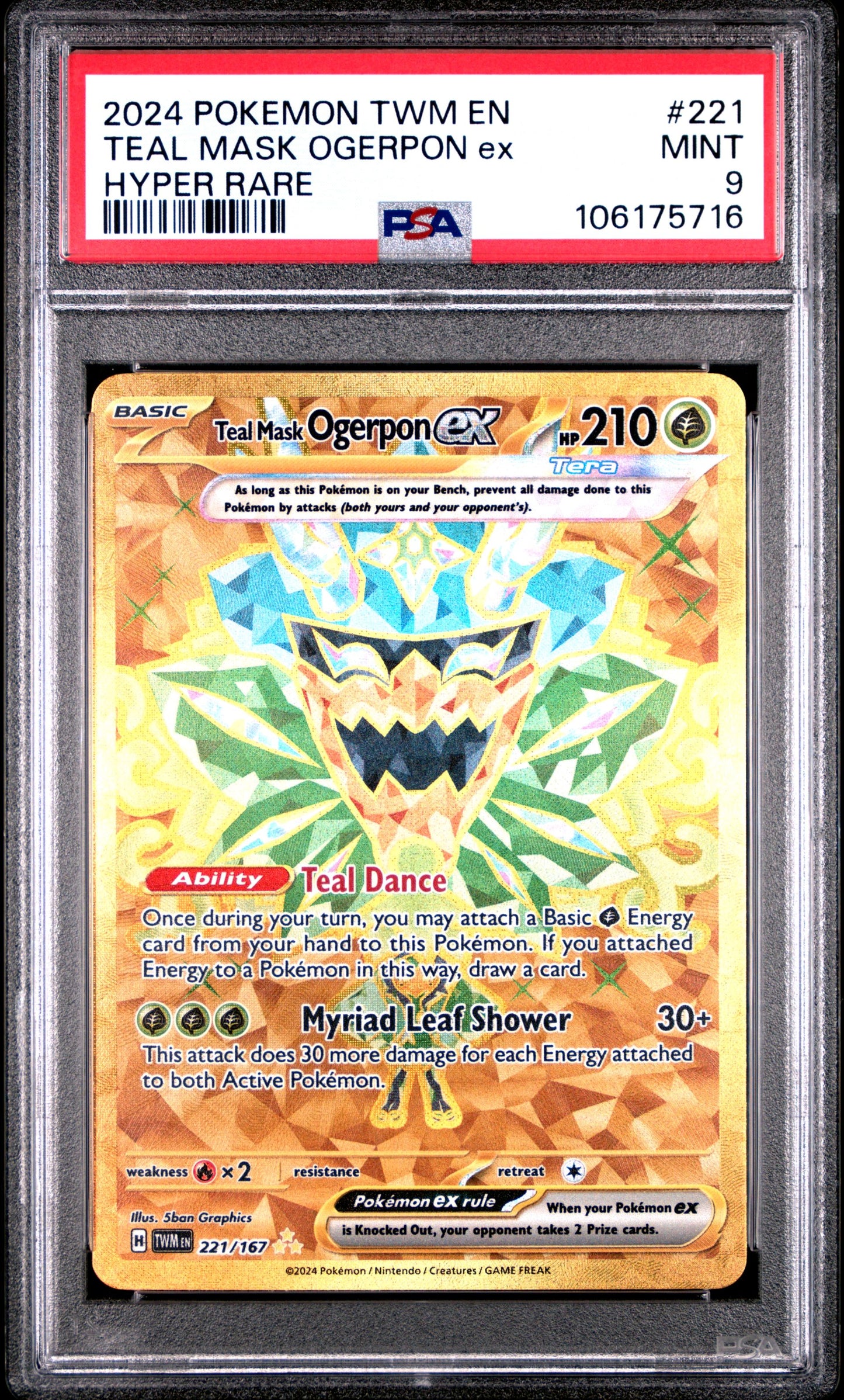 PSA MINT 9 - 2024 POKEMON TWM EN-TWILIGHT MASQUERADE #221 TEAL MASK OGERPON EX HYPER RARE
