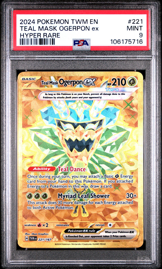 PSA MINT 9 - 2024 POKEMON TWM EN-TWILIGHT MASQUERADE #221 TEAL MASK OGERPON EX HYPER RARE