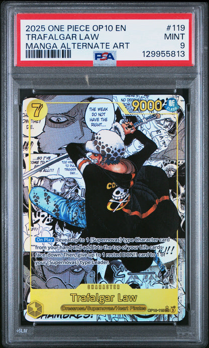 PSA MINT 9 - 2025 ONE PIECE OP10-ROYAL BLOOD 119 TRAFALGAR LAW MANGA ALTERNATE ART