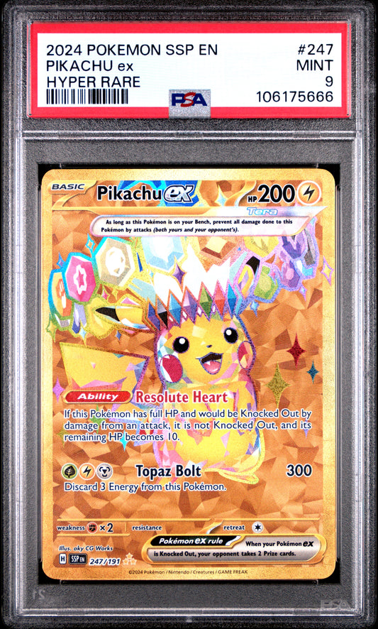 PSA MINT 9 - 2024 POKEMON SSP EN-SURGING SPARKS #247 PIKACHU ex HYPER RARE
