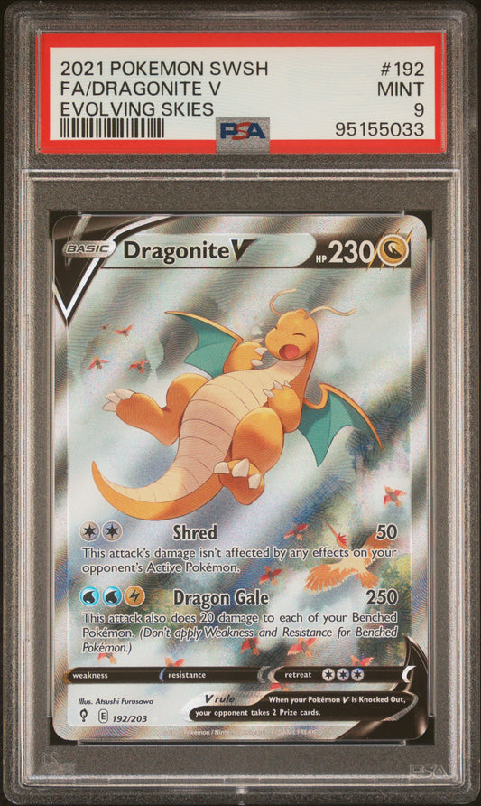 PSA MINT 9 - 2021 POKEMON SWORD & SHIELD EVOLVING SKIES #192 FA/DRAGONITE V EVOLVING SKIES